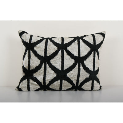 Ikat Velvet Pillow, Silk Lumbar Cushion Cover, Pair Black and Cream Boho Chic Pillow Cover 17'' x 24''
