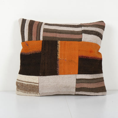 Ethnic Turkish Kilim Pillow Cover, Square Patchwork Cushion Cover 16'' x 19''