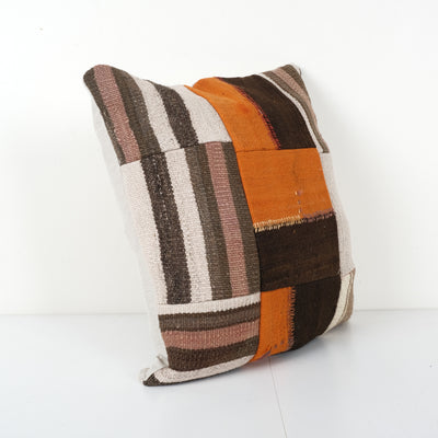 Ethnic Turkish Kilim Pillow Cover, Square Patchwork Cushion Cover 16'' x 19''