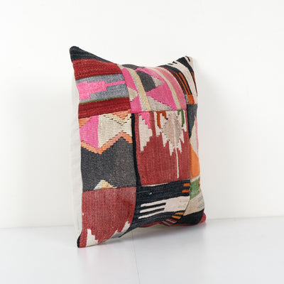 Handmade Patchwork Square Kilim Rug Pillow Cover, Vintage Faded Wool Kelim Cushion, Tribal Farmohuse Decor 18'' x 20''