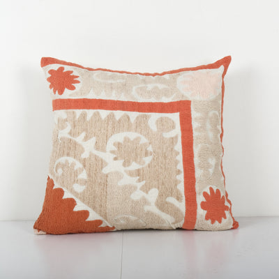 Unique Beige Suzani Pillow Cover, Tribal Couch Pillow, 1960s Handmade Samarkand Uzbek Suzani Textile Art 18'' x 20''