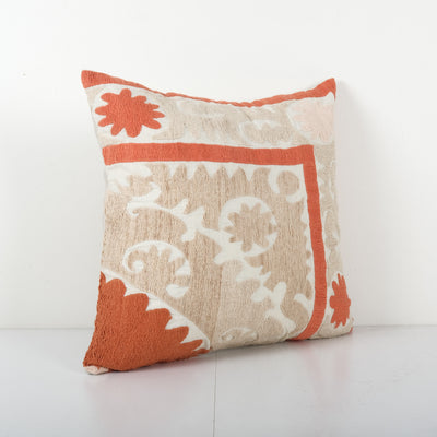 Unique Beige Suzani Pillow Cover, Tribal Couch Pillow, 1960s Handmade Samarkand Uzbek Suzani Textile Art 18'' x 20''