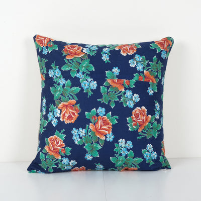 Old Caucasian Trade Cloth Pillow, Vintage Floral Roller Print Cushion Cover On Cotton 18'' x 18''