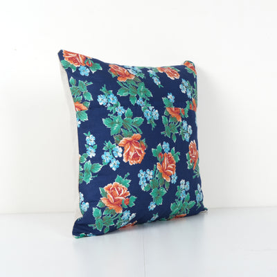 Old Caucasian Trade Cloth Pillow, Vintage Floral Roller Print Cushion Cover On Cotton 18'' x 18''