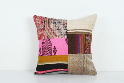 Decorative Vintage Kilim Patchwork Rug Pillow with Modern Style, Flat-Weave Kilim Rug Cushion, Turkish Kilim Pillow Cover 20'' x 20''