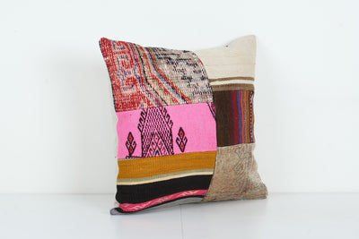 Decorative Vintage Kilim Patchwork Rug Pillow with Modern Style, Flat-Weave Kilim Rug Cushion, Turkish Kilim Pillow Cover 20'' x 20''