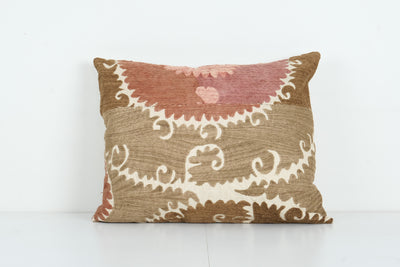 Uzbek Faded Brown Suzani Cushion Cover, Square Suzani Pink Pillow Case Made from a 19th Century Suzani, Oversize Cushion Cover 18'' x 24''