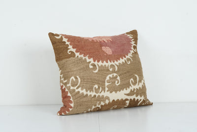 Uzbek Faded Brown Suzani Cushion Cover, Square Suzani Pink Pillow Case Made from a 19th Century Suzani, Oversize Cushion Cover 18'' x 24''