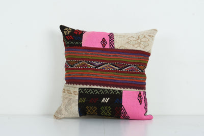 Anatolian Bohemian Kilim Pillow - Handcrafted Turkish Wool Patchwork Cushion 20'' x 20''