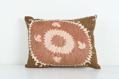 Uzbek Pastel Pink Suzani Lumbar Cushion Cover, Suzani Pillow Case Made from a 19th Century Suzani, Uzbekistan 18'' x 24''