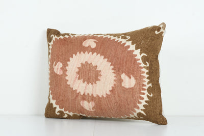 Uzbek Pastel Pink Suzani Lumbar Cushion Cover, Suzani Pillow Case Made from a 19th Century Suzani, Uzbekistan 18'' x 24''