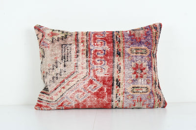 Handmade Pillow Case, Ethnic Red Carpet Rug Pillow, Handwoven Turkish Oushak Oblong Pillow, Bohemian Pillow, Sofa Pillow Cover 18'' x 24''