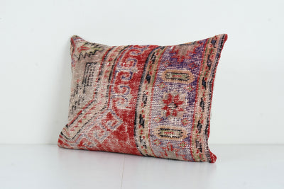 Handmade Pillow Case, Ethnic Red Carpet Rug Pillow, Handwoven Turkish Oushak Oblong Pillow, Bohemian Pillow, Sofa Pillow Cover 18'' x 24''