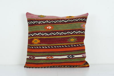 Square Handwoven Kilim Pillow Cover, Organic Embroided Bohemian Home Decor, Couch Aztec Pillow, Bohemian Cushion Cover 22'' x 24''