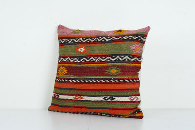 Square Handwoven Kilim Pillow Cover, Organic Embroided Bohemian Home Decor, Couch Aztec Pillow, Bohemian Cushion Cover 22'' x 24''