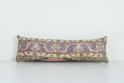 Muted Color Turkish Carpet Rug Pillow, Faded Unique Long Soft Color Lumbar Cover, Anatolian Bedding Cushion 10'' x 33
