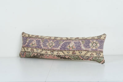 Muted Color Turkish Carpet Rug Pillow, Faded Unique Long Soft Color Lumbar Cover, Anatolian Bedding Cushion 10'' x 33