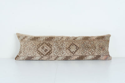 Anatolian Bedding Rug Pillow - Vintage Tan Ethnic Handmade Lumbar Cover, Soft Wool Pillow Cover 12'' x 38''