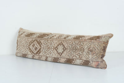 Anatolian Bedding Rug Pillow - Vintage Tan Ethnic Handmade Lumbar Cover, Soft Wool Pillow Cover 12'' x 38''