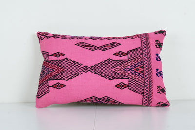 Tribal Farmhouse Pink Kilim Rug Lumbar Pillow Cover - Unique Handwoven Cushion Cover for Rustic Home 16'' x 24''