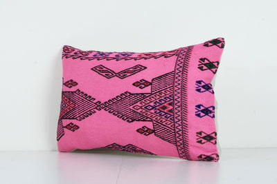 Tribal Farmhouse Pink Kilim Rug Lumbar Pillow Cover - Unique Handwoven Cushion Cover for Rustic Home 16'' x 24''