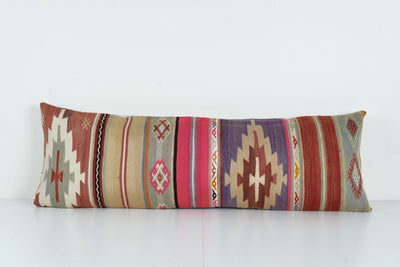 Vintage Striped Kilim Pillow With Original Details, Extra Long Bedding Kilim Pillow, Colorful Turkish Hippie Bench Pillow 16'' x 45''