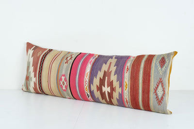 Vintage Striped Kilim Pillow With Original Details, Extra Long Bedding Kilim Pillow, Colorful Turkish Hippie Bench Pillow 16'' x 45''