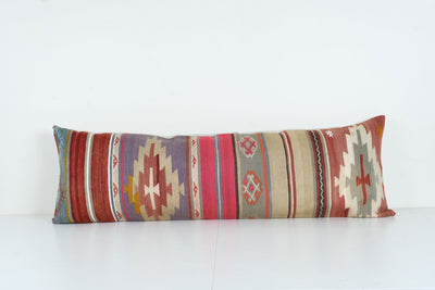 Turkish Extra Long Bedding Rug Pillow | Lumbar Kilim Cover | Unique Nomadic Pillow Case | Modern Decor 16'' x 48''