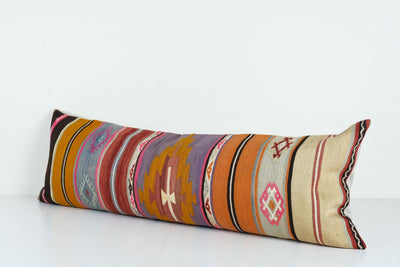 Turkish Extra Long Bedding Rug Pillow | Striped Lumbar Kilim Cover | Unique Nomadic Pillow Case | Modern Decor 16'' x 48''