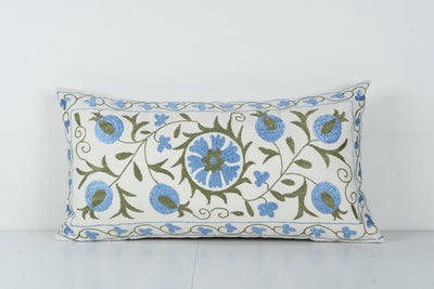 Tashkent Blue Floral Suzani Pillow Case - 19th Century Uzbek Lumbar Cushion Cover 18'' x 34'' - Abstract Bedding Décor 18'' x 34''