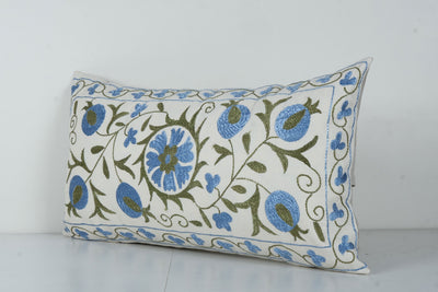Tashkent Blue Floral Suzani Pillow Case - 19th Century Uzbek Lumbar Cushion Cover 18'' x 34'' - Abstract Bedding Décor 18'' x 34''