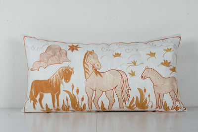 Uzbek Extra Long Suzani Bed Cushion Cover with Animal Motif,  Horse Pictorial Suzani Pillow Case Made from Cotton Fabric 18'' x 34''