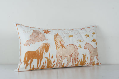 Uzbek Extra Long Suzani Bed Cushion Cover with Animal Motif,  Horse Pictorial Suzani Pillow Case Made from Cotton Fabric 18'' x 34''