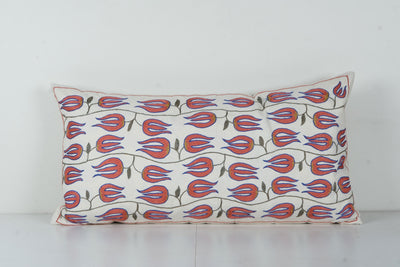 Suzani Floral Pillow Cover, Ethnic Uzbek Floral Motifs Cushion Cover, Handmade embroidered Textile from Bukhara 18'' x 35''