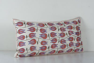 Suzani Floral Pillow Cover, Ethnic Uzbek Floral Motifs Cushion Cover, Handmade embroidered Textile from Bukhara 18'' x 35''