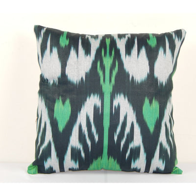 Uzbekistan Ikat Square Pillow Cover Cushion, Square Green Handmade Decorative Couch Pillowcase 14" x 14"