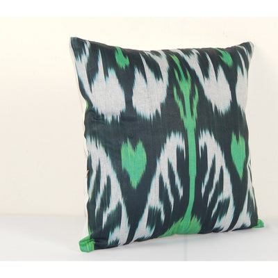 Uzbekistan Ikat Square Pillow Cover Cushion, Square Green Handmade Decorative Couch Pillowcase 14" x 14"