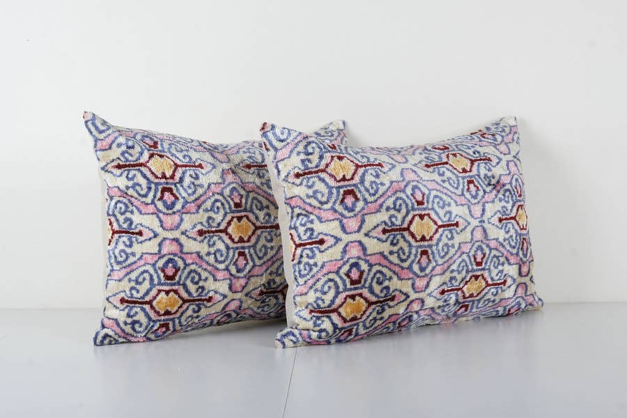 Silk Ikat Velvet Pillow Cover Set of 2 | 15'' x 22''
