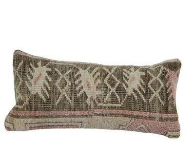 Wool Bohemian Carpet Rug Pillow, Sofa Couch Pillow Case, Turkish Traditional Motifs Handmade Pillow  8" x 18"