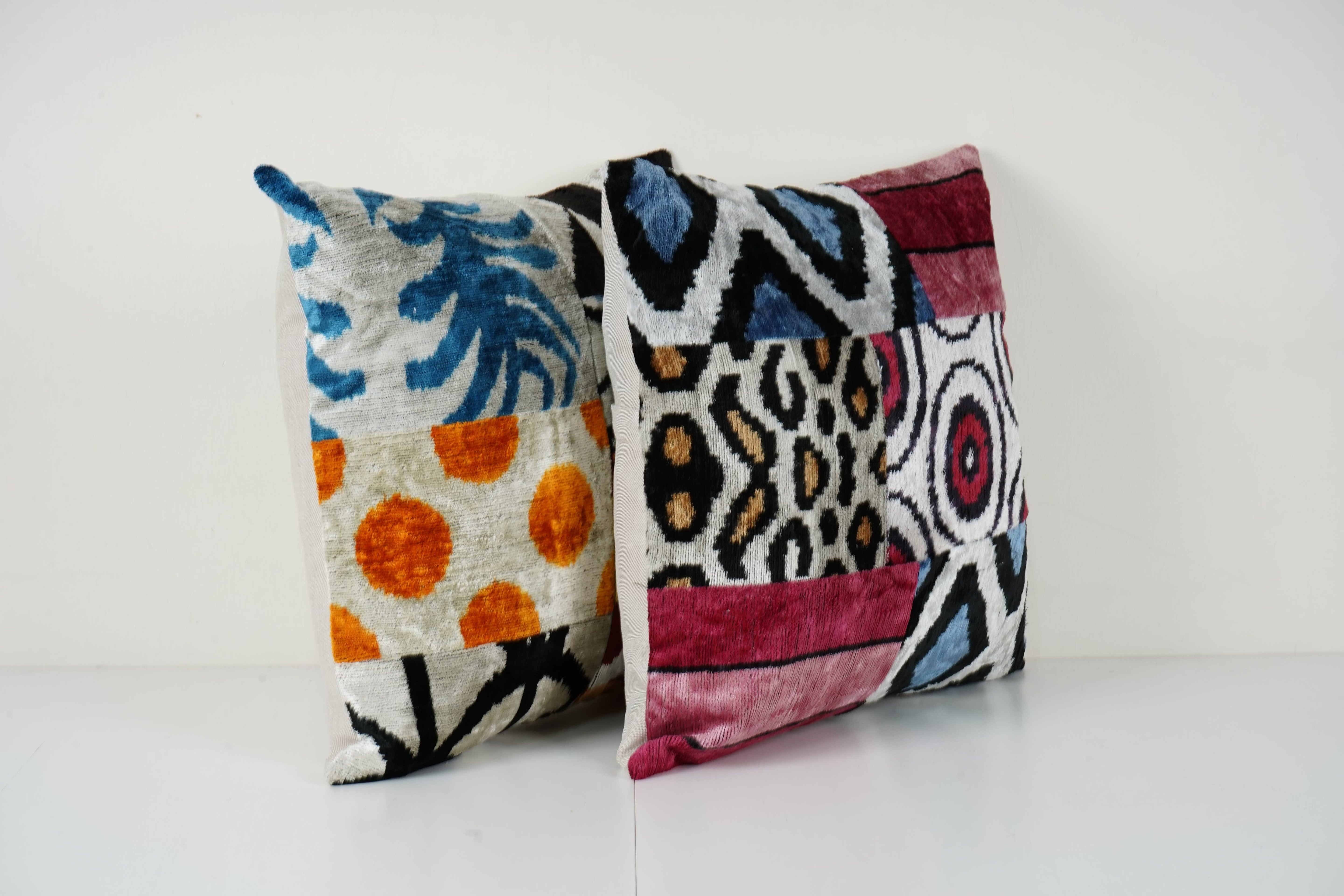 Silk Ikat Patchwork Velvet Pillow Cover Set of 2 | 19'' x 19''