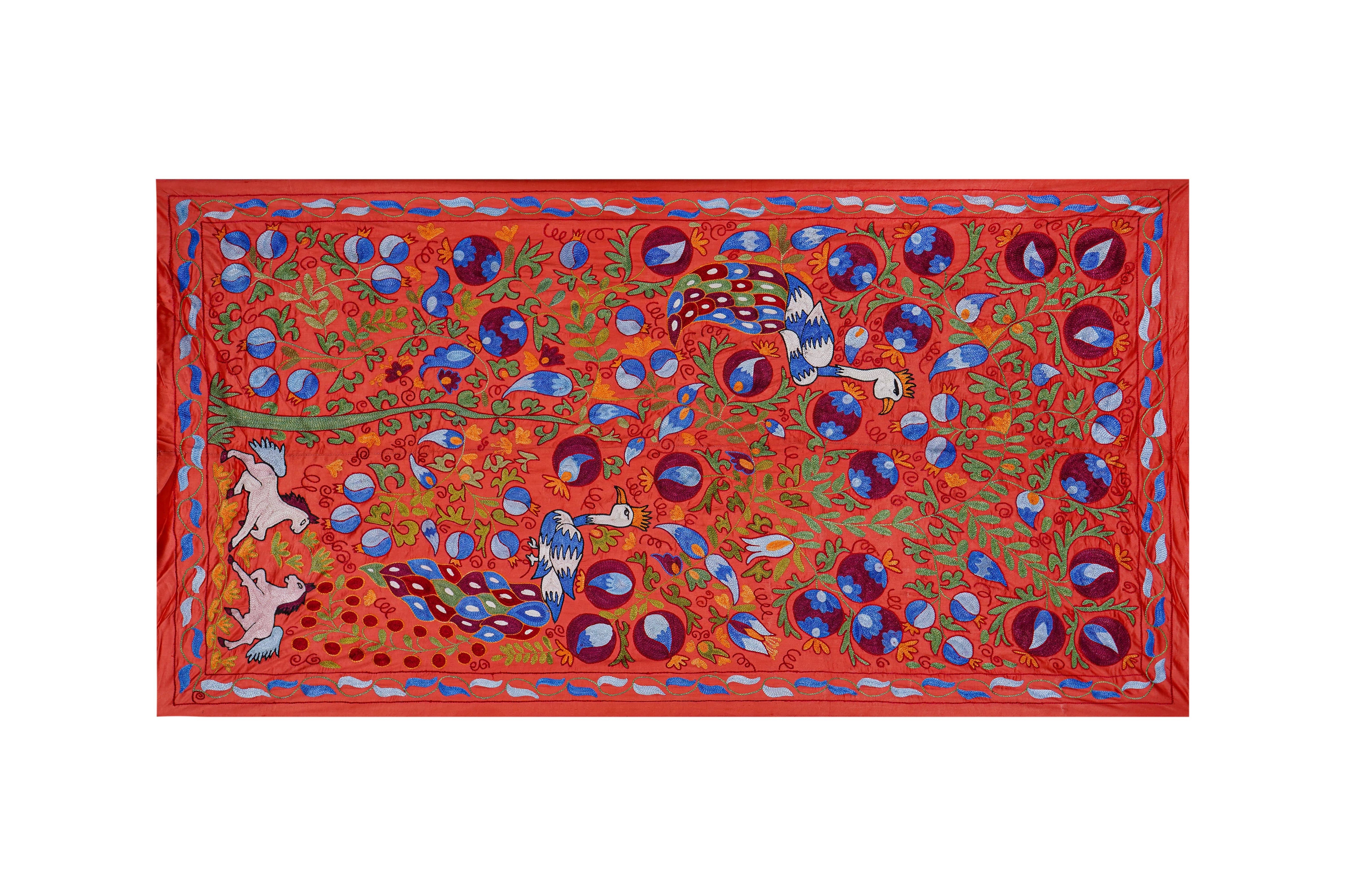 Peacock Silk Suzani Wall Hanging & Bedspread | 3'4'' x 6'1''