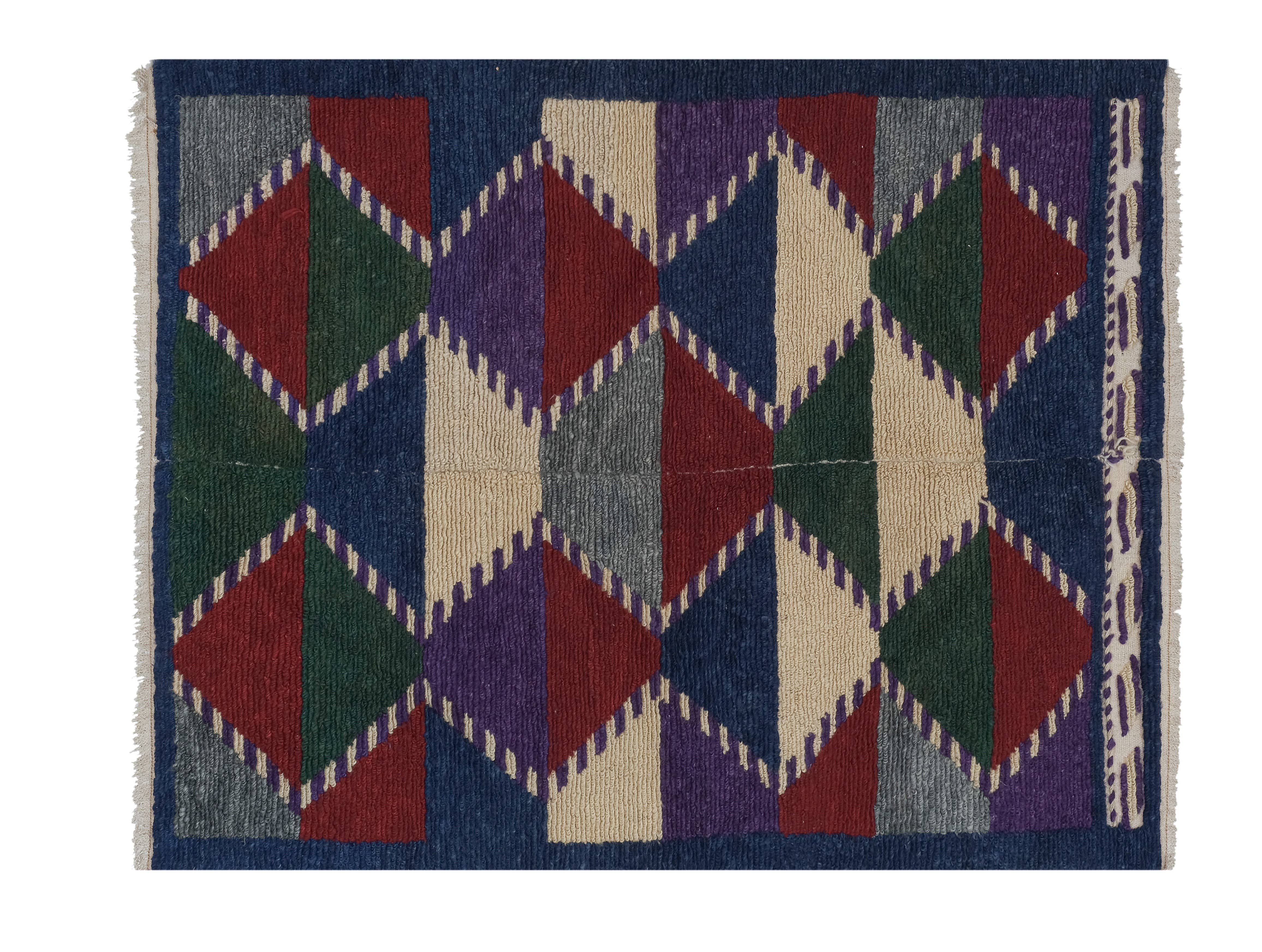 Vintage Checkered Turkish Shaggy Tulu Rug 43'' x 54''