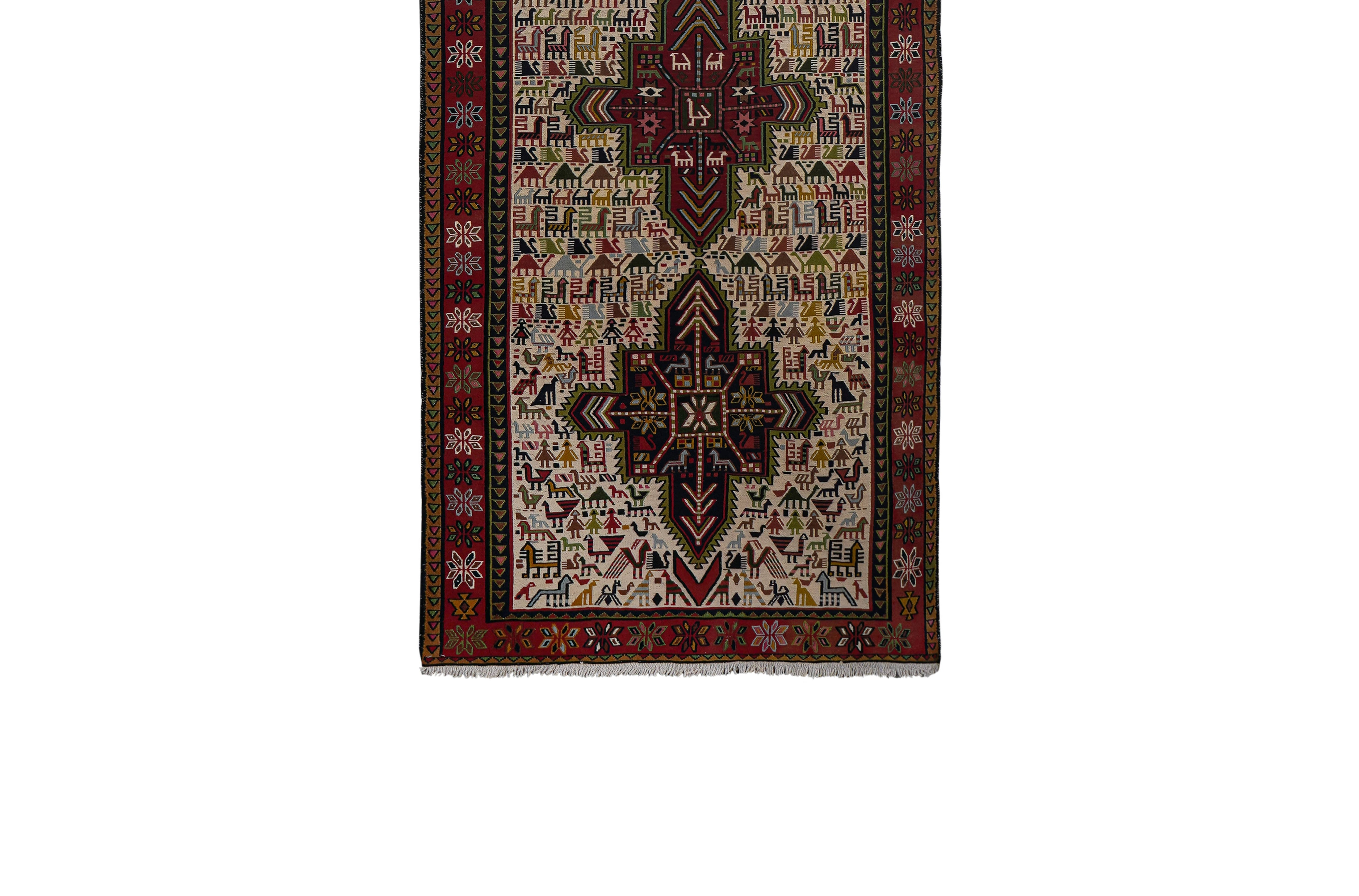 Vintage Animal Pattern Soumac Kilim Runner 3'4'' x 9'4''