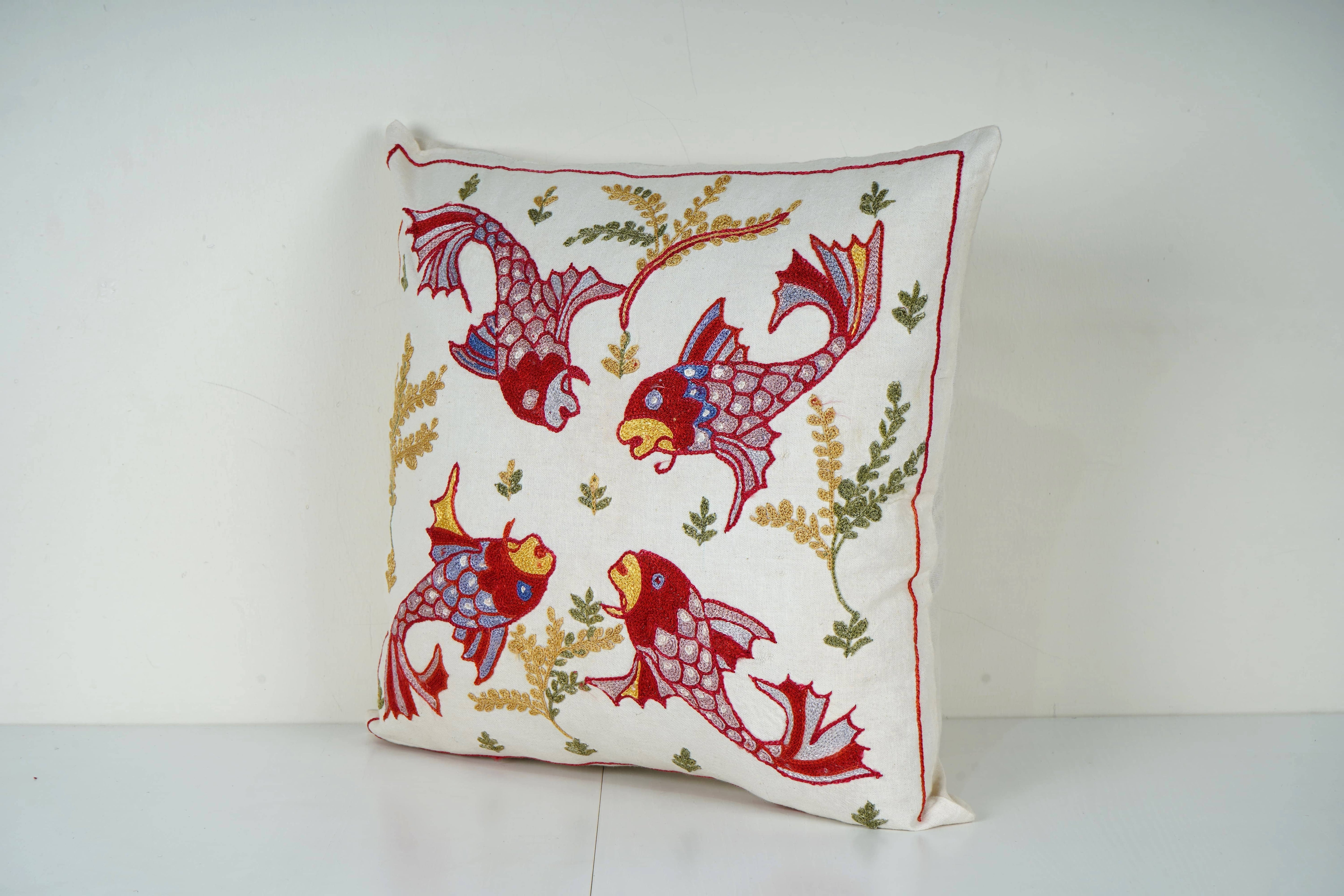 Fish Suzani Pillow Cover | 18'' x 18''