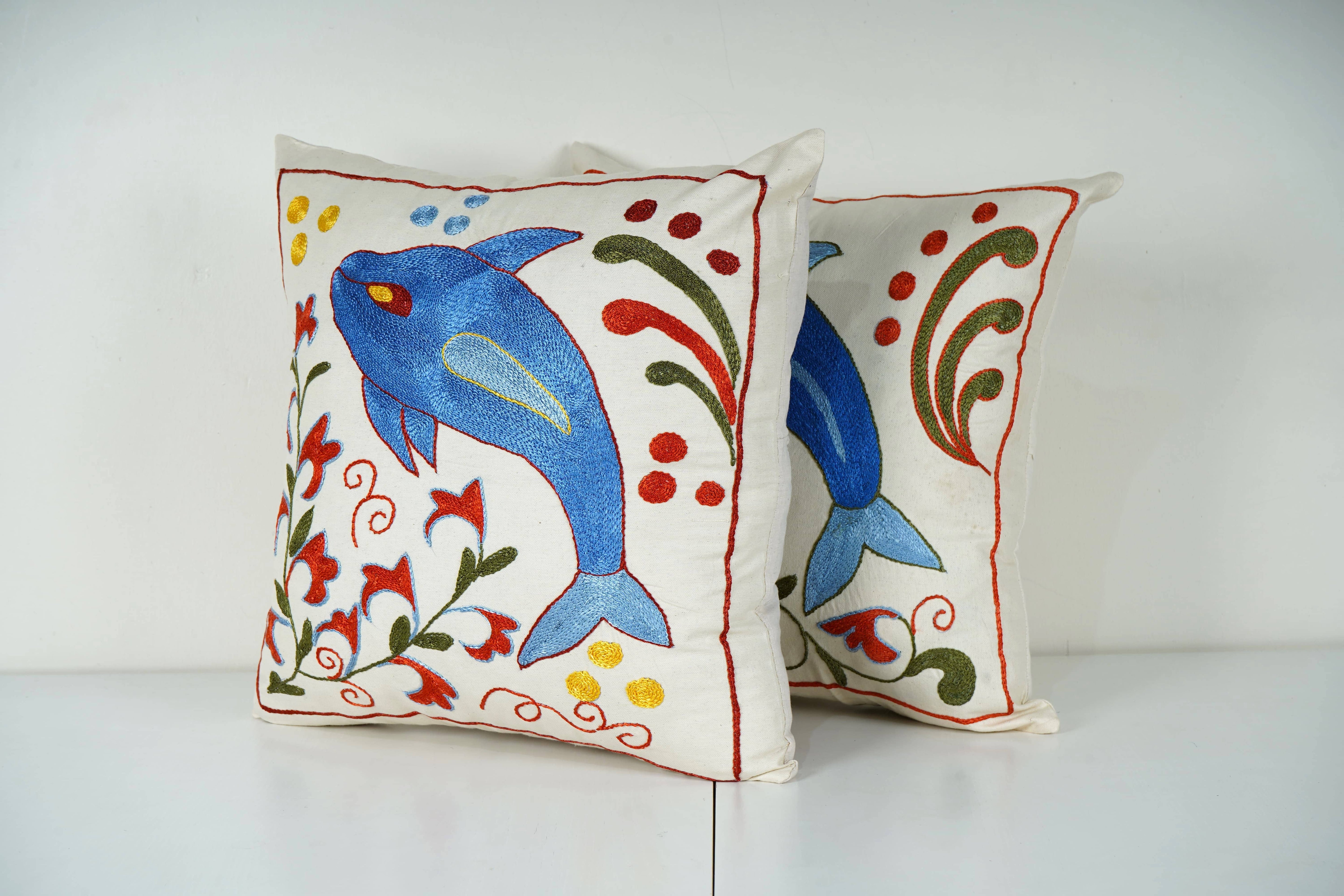 Fish Suzani Pillow Cover Set of 2 | 18'' x 18''