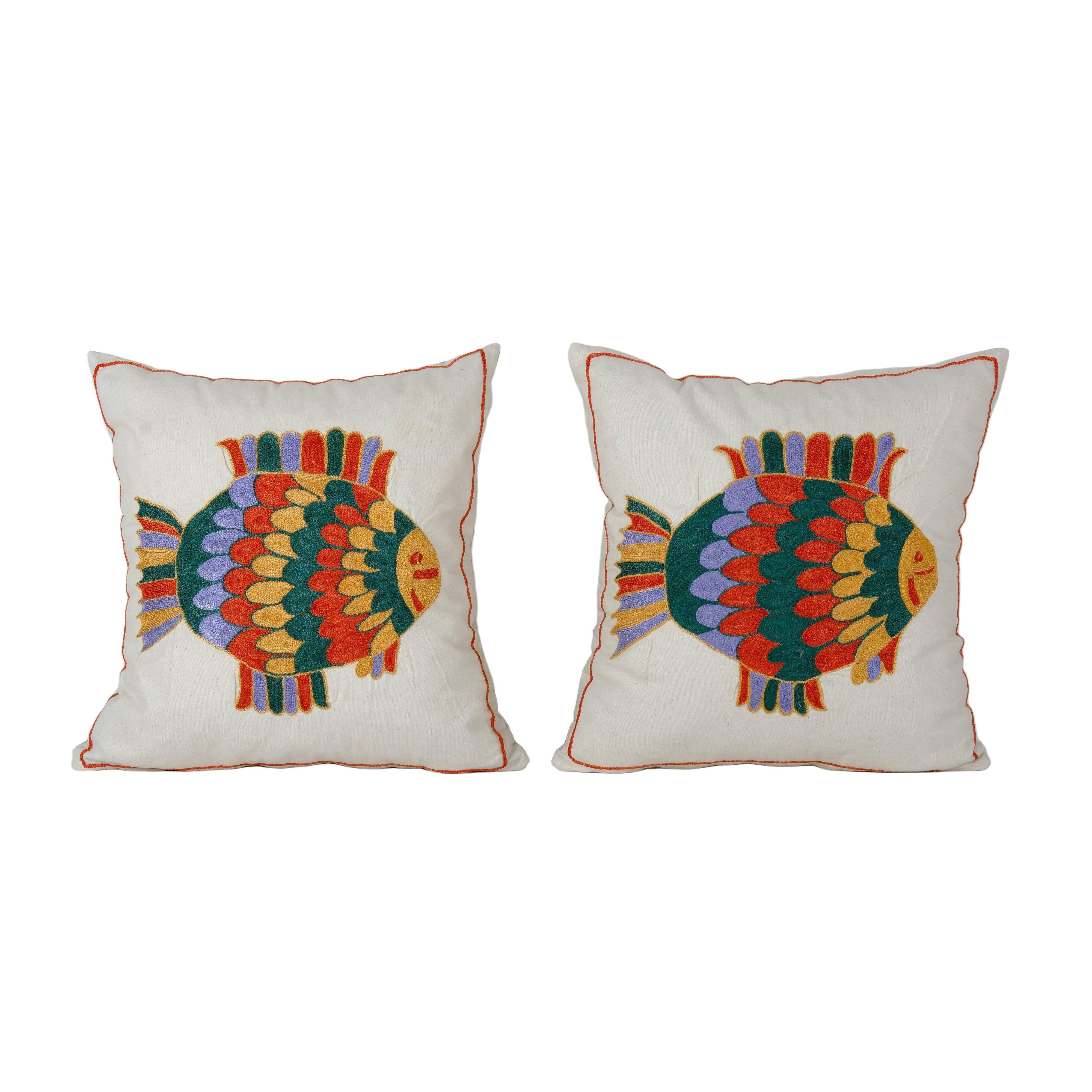 Fish Suzani Pillow Cover Set of 2 | 17'' x 18''