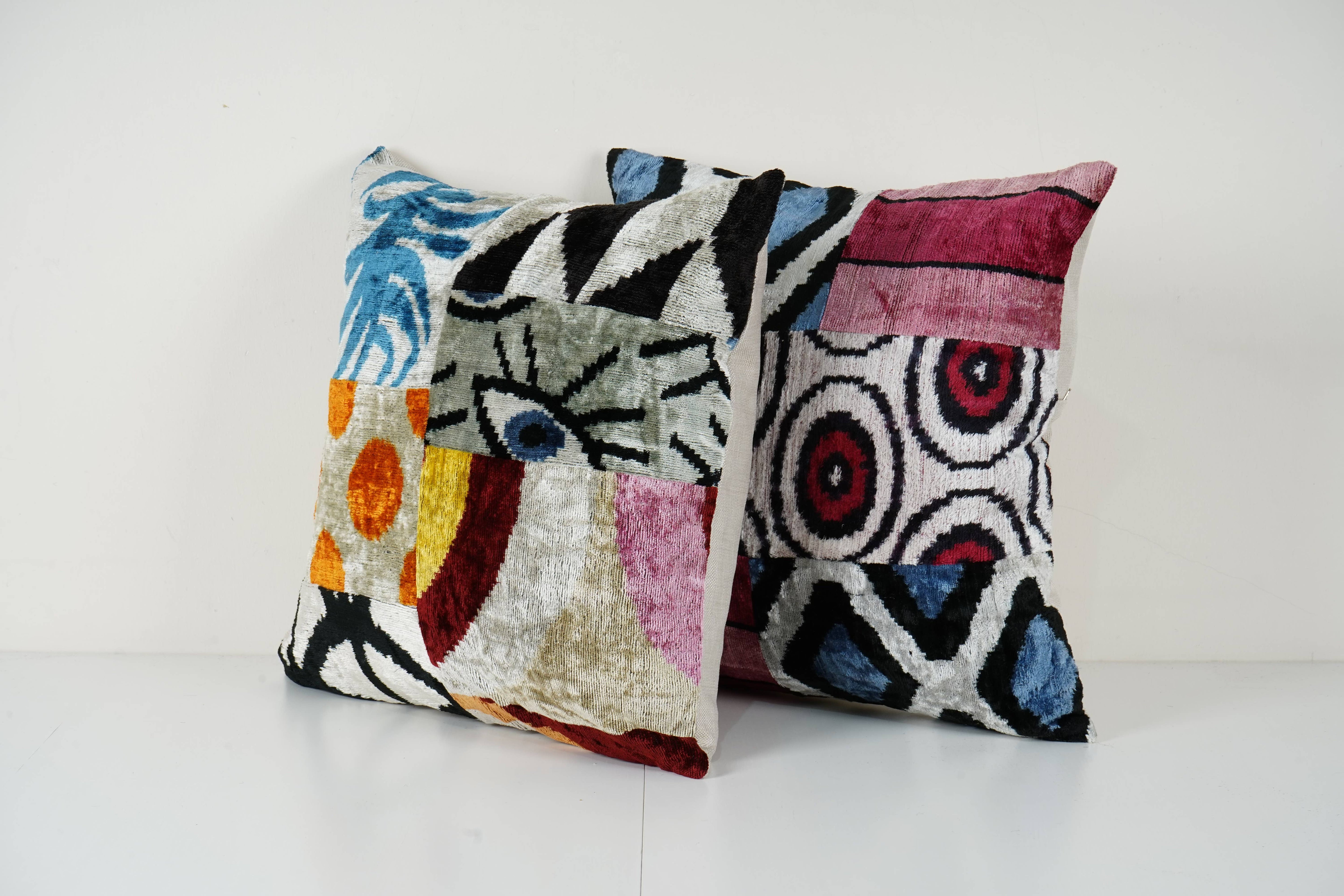 Silk Ikat Patchwork Velvet Pillow Cover Set of 2 | 19'' x 19''