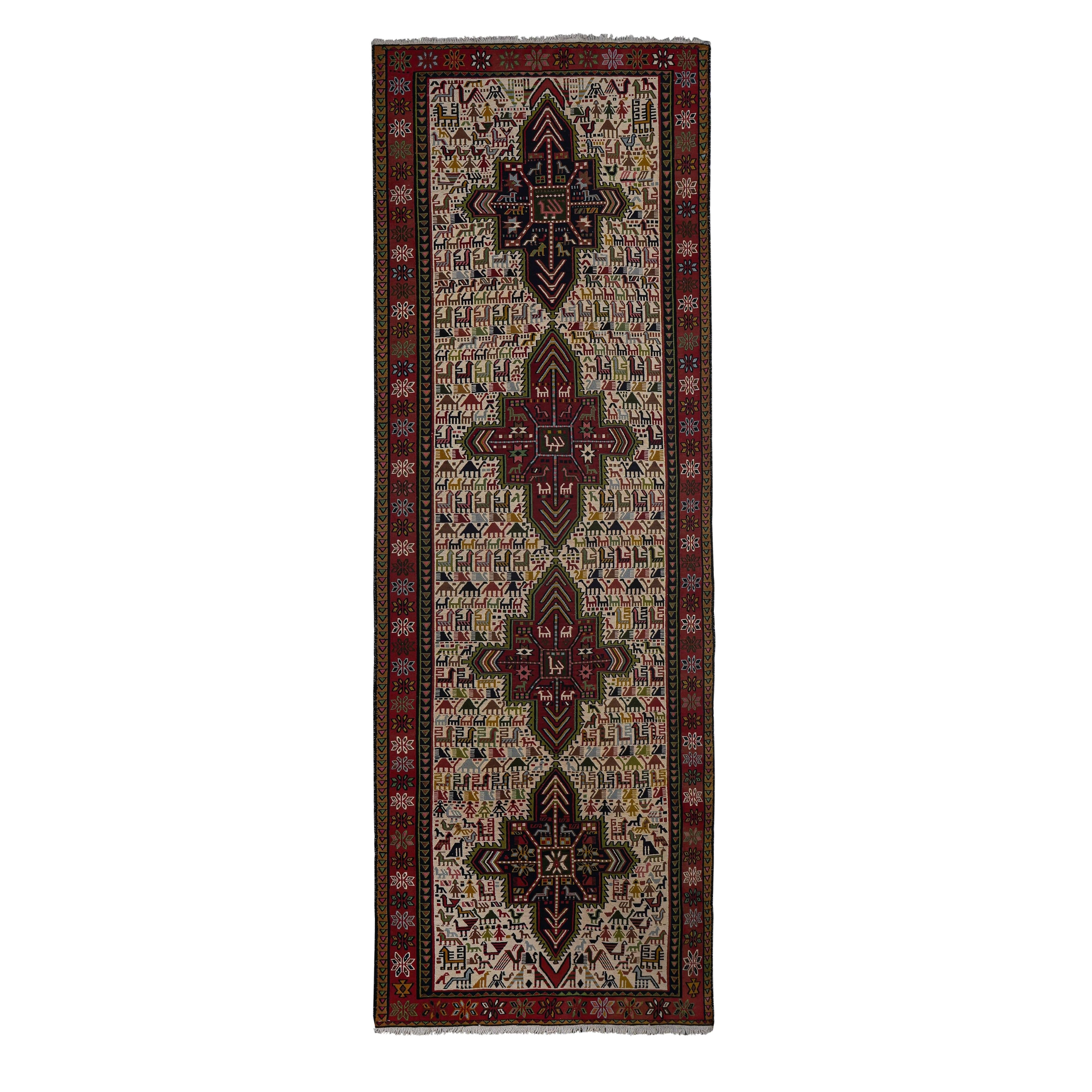 Vintage Animal Pattern Soumac Kilim Runner 3'4'' x 9'4''