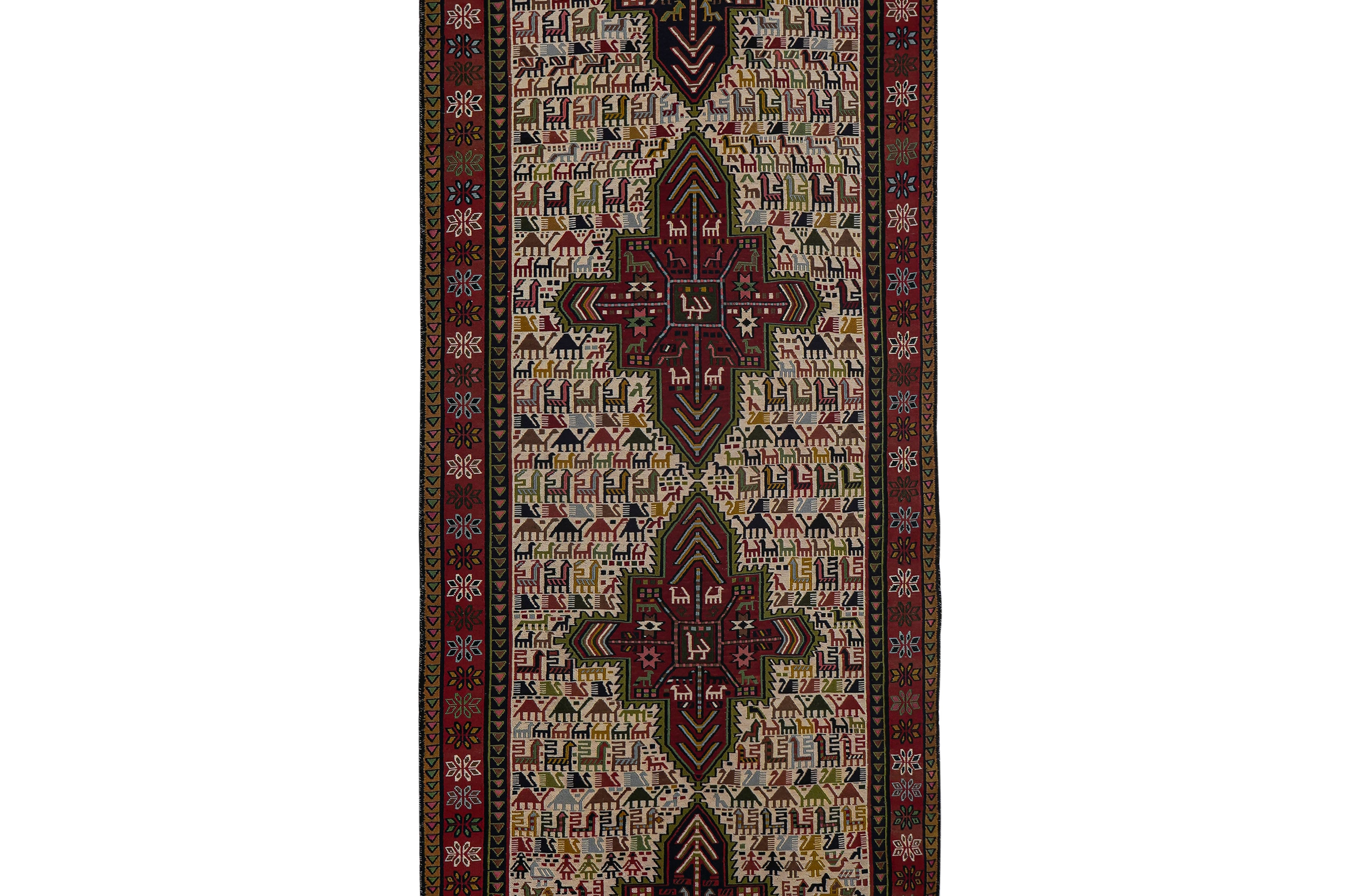 Vintage Animal Pattern Soumac Kilim Runner 3'4'' x 9'4''