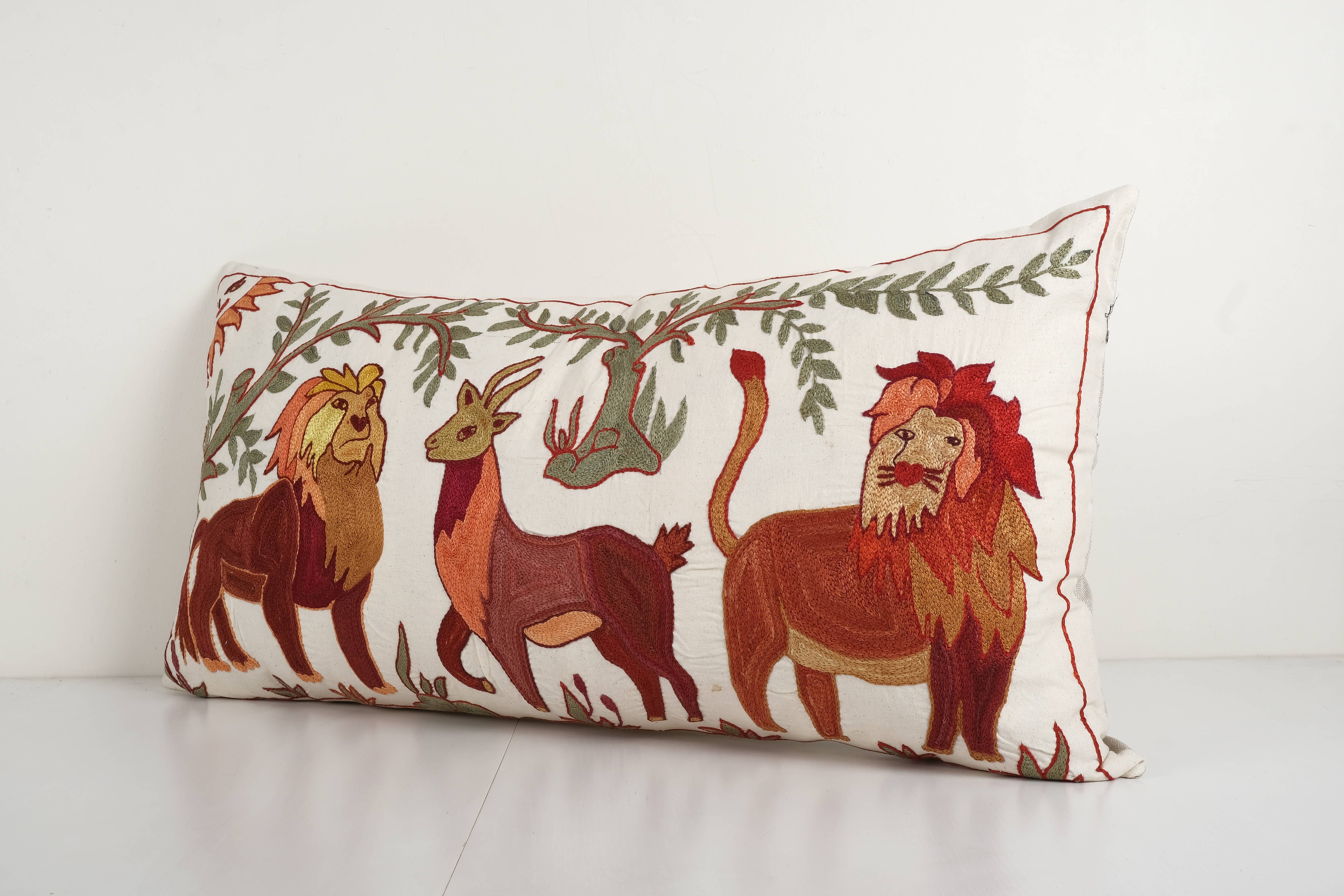 Lion Suzani Bedding Pillow Cover | 18'' x 33''